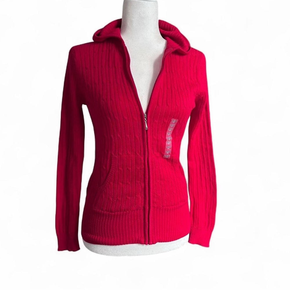 New Y2K Arizona Jean Company Cable Knot Red Zip up Hooded Cardigan Sweater S